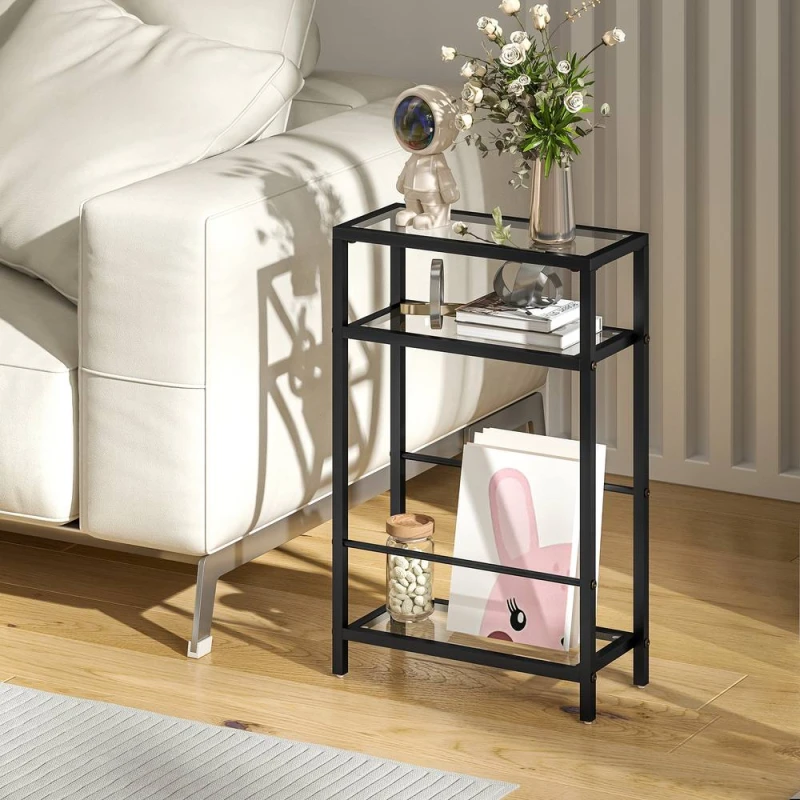 Image of HOMCOM Slim Side Table, End Table with Tempered Glass Tabletop, Black Unisex