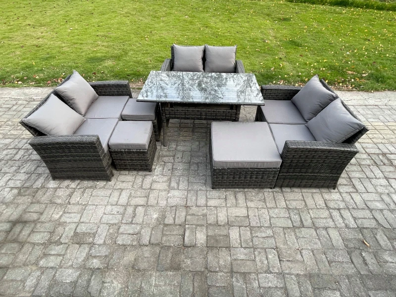Image of Fimous Wicker PE Rattan Garden Furniture Sets Outdoor Lounge Sofa Set with Oblong Dining Table Double Seat Sofa 3 Footstools in Dark Grey Dark Grey Un