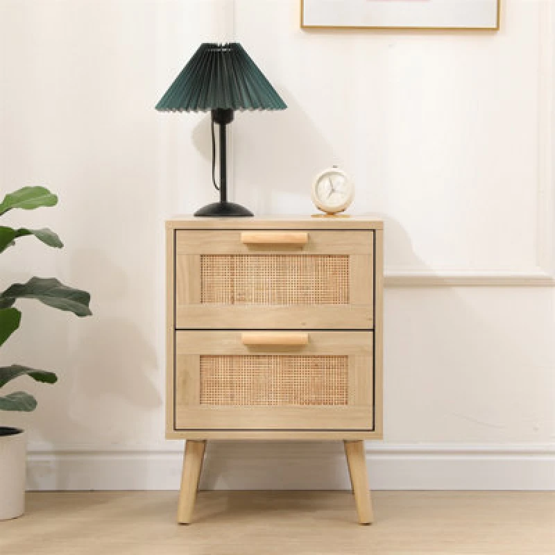 Image of Furniturehmd 2 Drawers Bedside Table,nightstand With Ratten Front,storage Cabinet,sofa Side Table For Bedroom,living Room