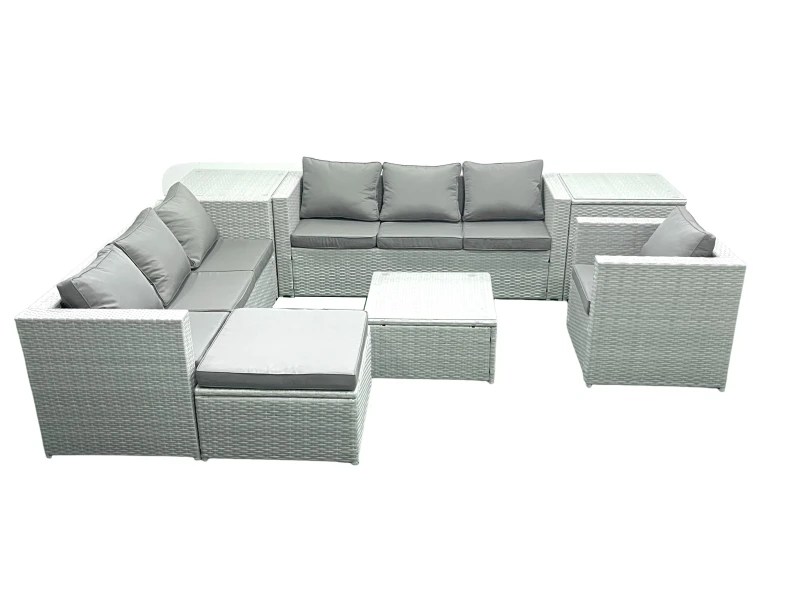 Image of Fimous Wicker PE Rattan Sofa Garden Furniture Set with Armchair Square Coffee Table Big Footstool 2 Side Tables Light Grey Mixed Light Grey
