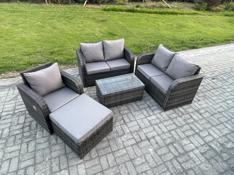 Image of Fimous High Back Rattan Garden Furniture Set with Loveseat Sofa Rectangular Coffee Table Big Footstool Indoor Outdoor Patio Lounge Sofa Set Dark Grey