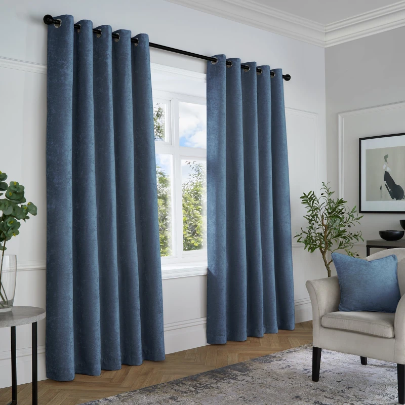 Image of Curtina Textured Chenille Textured Pair of Eyelet Curtains - Blue Blue One Size