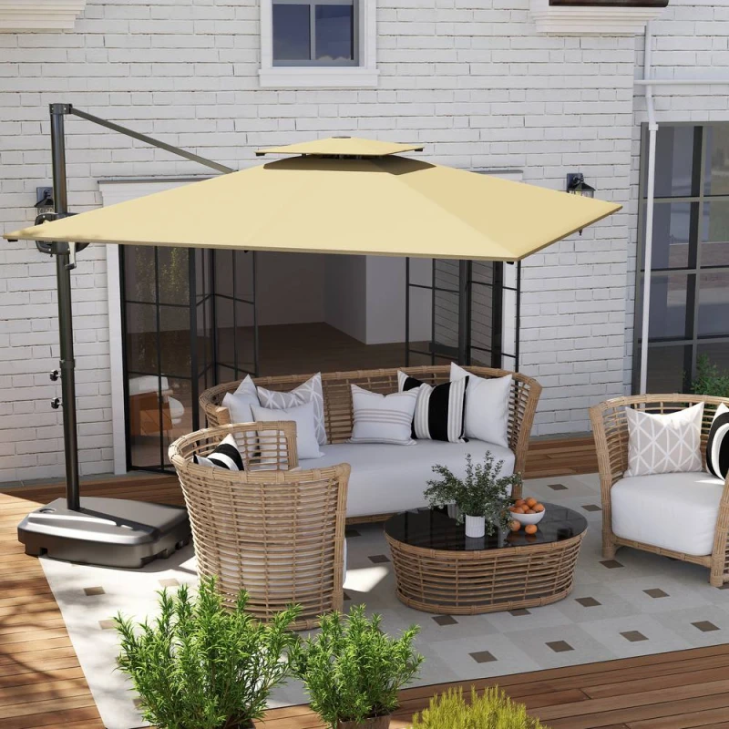 Image of Outsunny Garden Cantilever Parasol w/ Weighted Base Tilt Crank Khaki