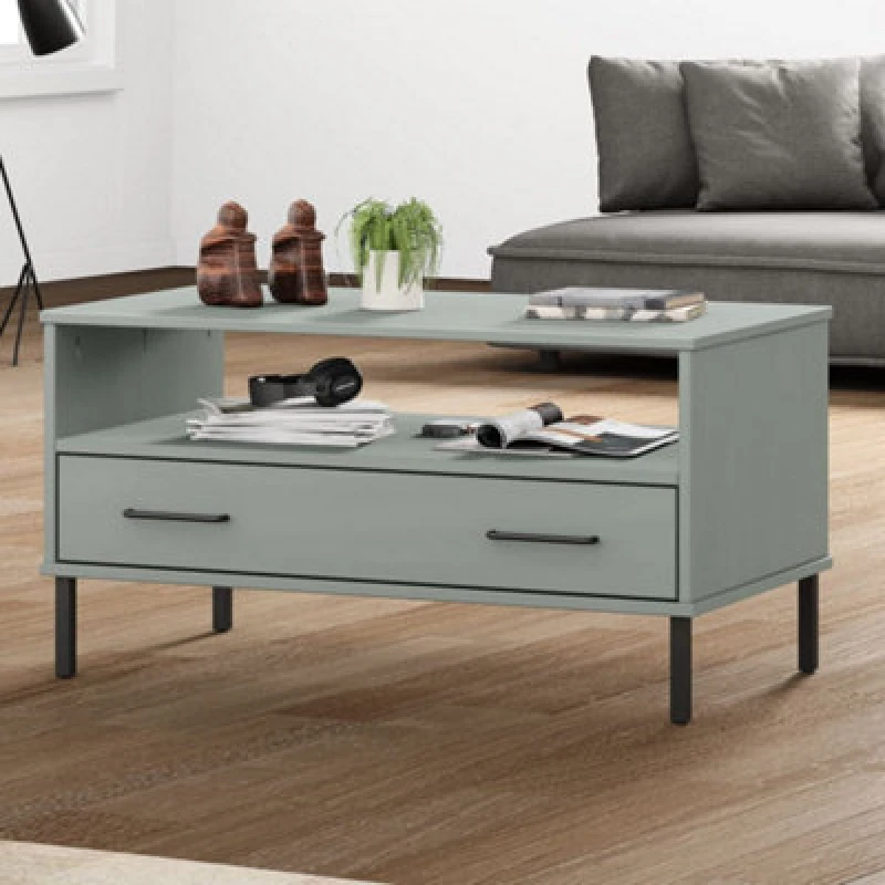 Image of Vidaxl Coffee Table With Metal Legs Grey 85X50X45cm Solid Wood Oslo, Grey 351034