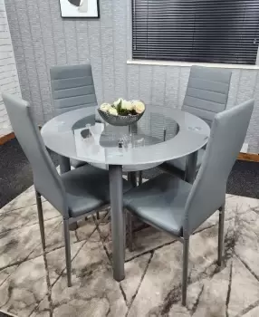 Image of Round Glass Grey Kitchen Dining Table With Storage Shelf And 4 Grey Metal Chairs Set