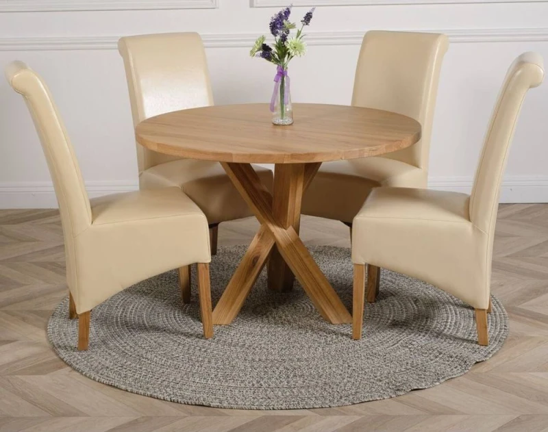 Image of Thats Furniture Oregon Round Oak Dining Table & 4 Montana Leather Chairs in Cream Cream Unisex