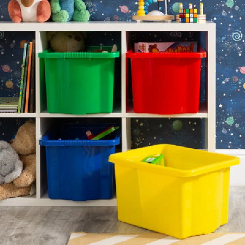 Image of Wham Stack & Store 4X 24L Plastic Storage Boxes. Ideal For Toys, Classrooms & Playrooms. Integrated Handles. Mixed Colours