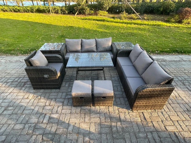 Image of Fimous Wicker 8 Pieces Rattan Garden Furniture Sofa Set with Rectangular Dining Table Armchair 2 Small Footstools 2 Side Tables Dark Grey Mixed Dark G