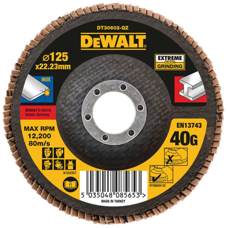 Image of DEWALT Dt30622-Qz Extreme Metal Flap Disc 125 X 22.2mm X 80G Dewdt30622Qz