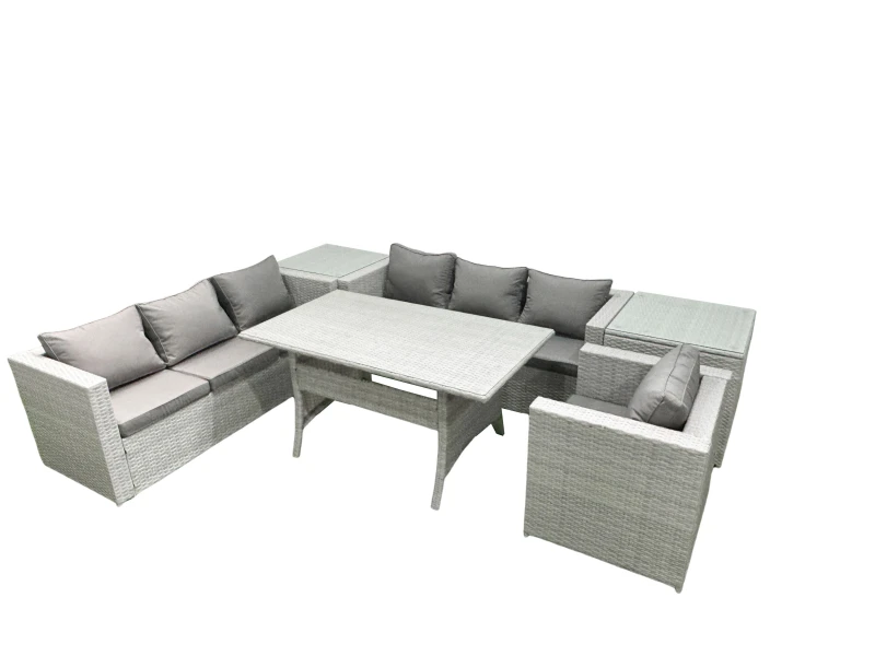 Image of Fimous 6 Pieces Outdoor Rattan Sofa Set with Cushions Patio Garden Furniture Sets with Armchair Dining Table 2 Side Tables Light Grey