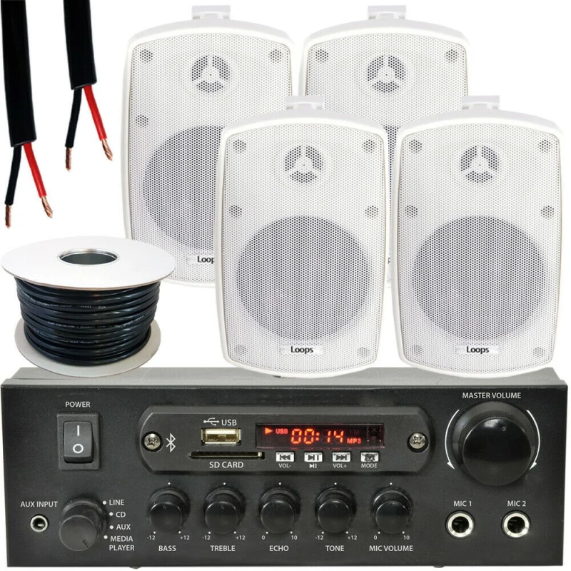 Image of Loops Outdoor Bluetooth Speaker Kit 4x 60W White Stereo Amplifier Garden BBQ Parties White unisex