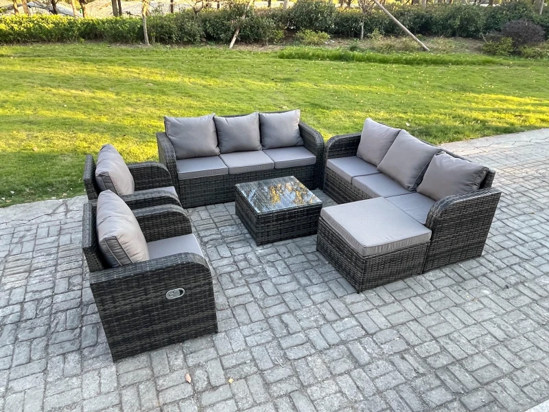Image of Fimous High Back Rattan Garden Furniture Set with Square Coffee Table Big Footstool Indoor Outdoor Patio Lounge Sofa Set Dark Grey Mixed Dark Grey