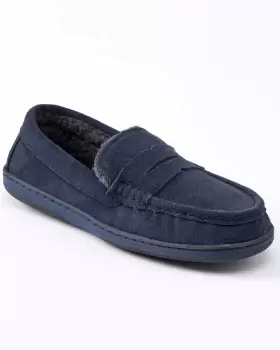 Image of Cotton Traders Mens Suede Memory Foam Sherpa-Lined Moccasin Slippers in Blue