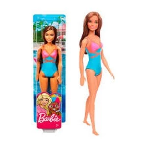 Image of Barbie Doll Beach Brown Hair Doll with Pink and Blue Swimsuit