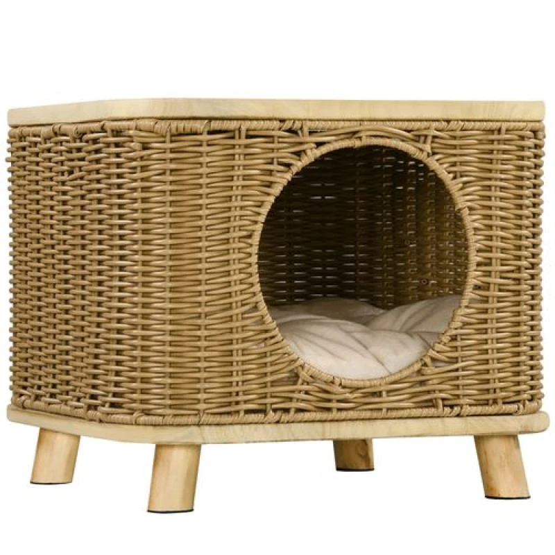 Image of PawHut Elevated Design Wicker Cat House with Washable Cushion, Light Brown - Pawhut 5056725589936