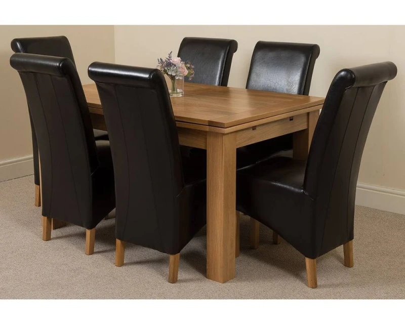 Image of Thats Furniture Richmond 140-220cm Oak Extending Dining Table + 6 Montana Leather Chairs in Black Unisex