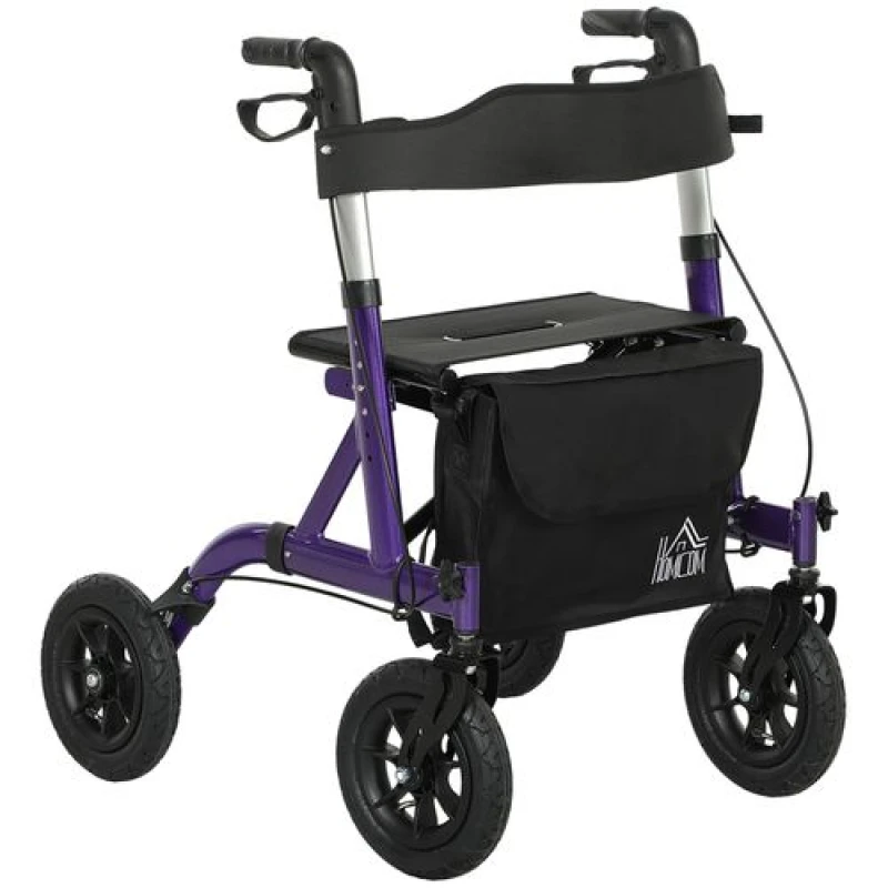 Image of HOMCOM Rollator Walker with Seat, Backrest, Bag, All-terrain Wheels Purple