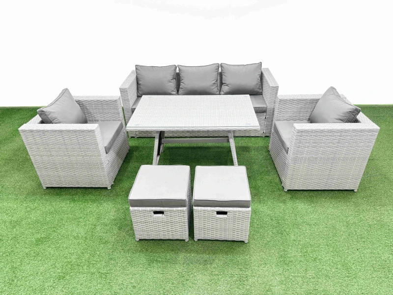 Image of Fimous 7 Pieces Outdoor PE Rattan Sofa Armchair Set with 2 Small Stools in Light Grey Light Grey Unisex