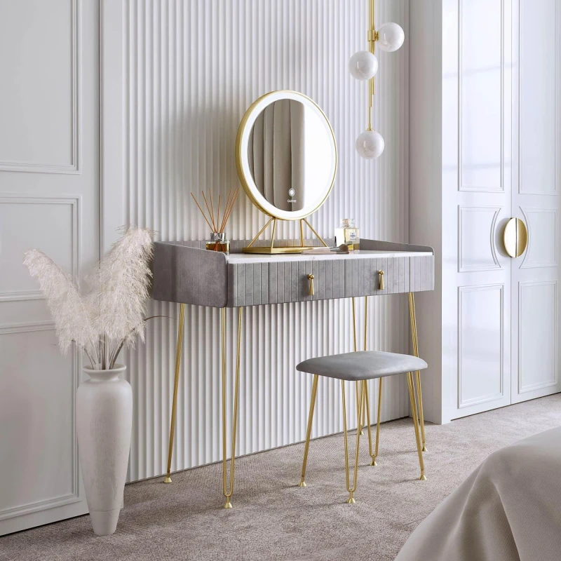 Image of CARME HOME Tokyo Glow Dove Grey Velvet Dressing Table with LED Touch Sensor Mirror Grey