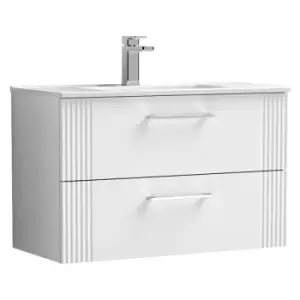Image of Nuie Deco Satin White 800mm Wall Hung 2 Drawer Vanity Unit with 18mm Profile Basin - DPF195B - Satin White