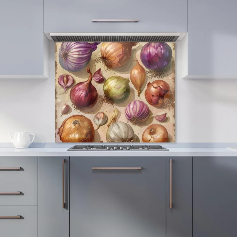 Image of Warren Reed - Designer Varieties of Onions & Garlic Kitchen Splashback Size: 900mm x 750mm Multicolor Unisex 900mm x 750mm