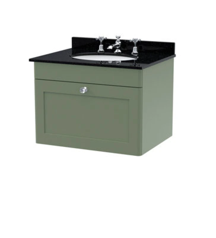 Image of nuie 600mm Wall Hung 1 Drawer Vanity & Marble Top 3TH - Satin Green CLC894BR3