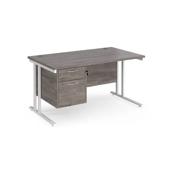 Image of Maestro 25 straight desk 1400mm x 800mm with 2 drawer pedestal - white cantilever leg frame, grey oak top