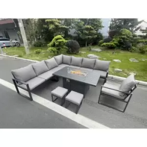 Image of Fimous 10 Seater Outdoor Dark Grey Aluminum Lounge Complete Sofa Set with Gas Fire Pit, Heater and 2 Stools