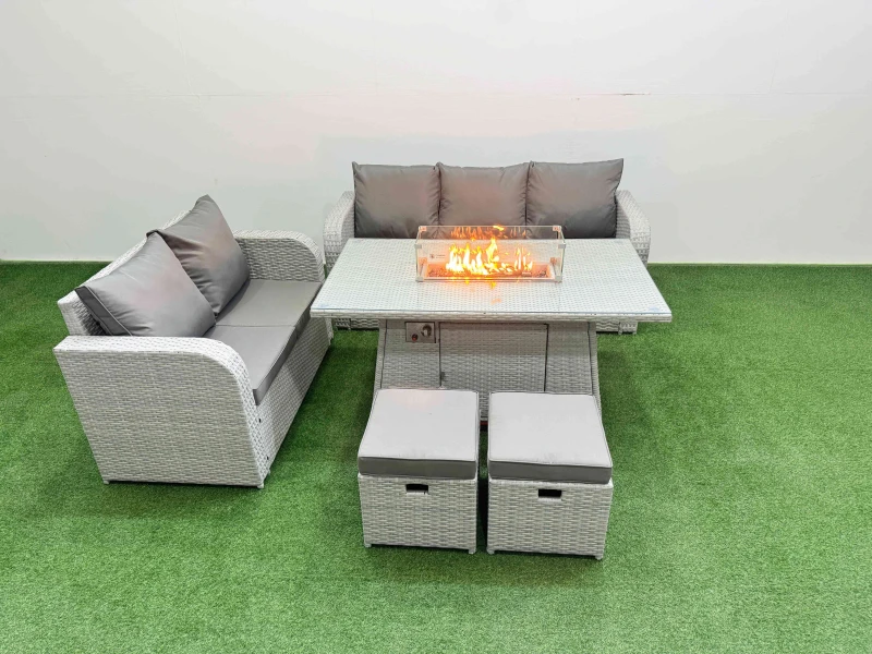 Image of Fimous 7 Seater PE Rattan Wicker Garden Furniture Patio Conservatory Sofa Set with Firepit Dining Table 3 Seater Sofa Love Sofa 2 Stools Light Grey