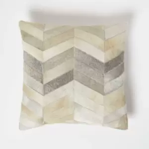 Image of Homescapes - Chevron Cream & Grey Leather Cushion 45 x 45cm - Grey & Cream