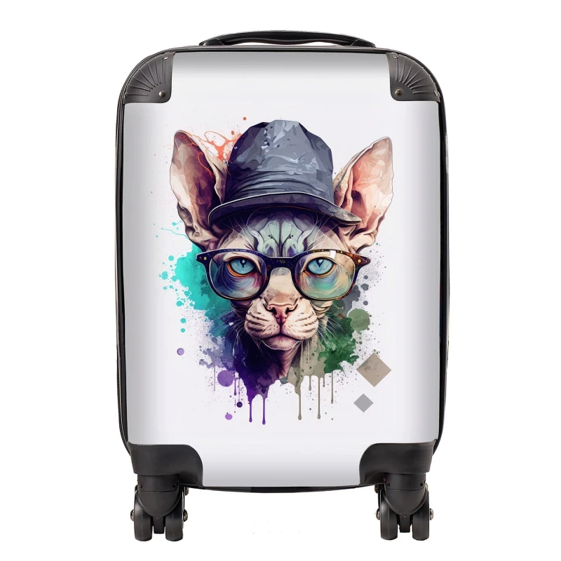 Image of Warren Reed - Designer Sphynx Cat Face Glasses & Hat Splashart Suitcase Size: Medium Multicolor Unisex Medium