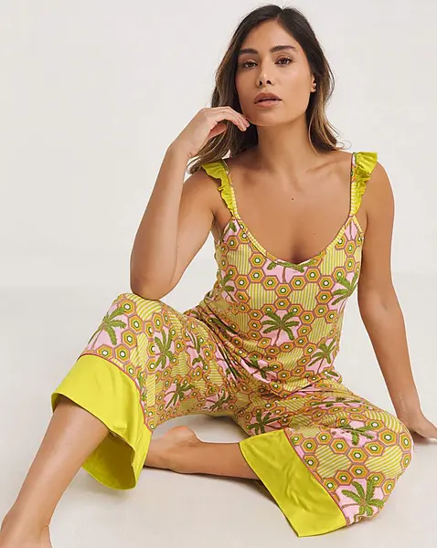 Image of Chelsea Peers Chelsea Peers Frilled Palm Print PJ Set Lime Female 12 QV39402