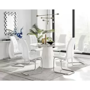 Image of Furniturebox Palma White Marble Effect 120cm Round Minimalist Dining Table & 6 White Murano Silver Leg Faux Leather Chairs
