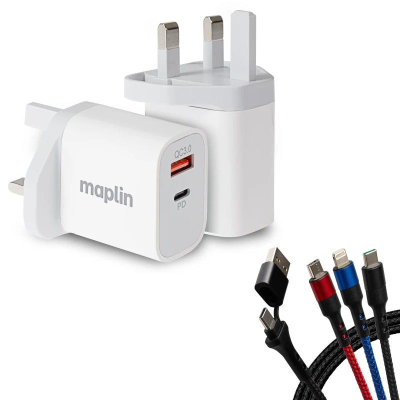 Image of Maplin 2 Port USB Wall Charger with 3-in-1 USB-C to USB-C. Lightning &