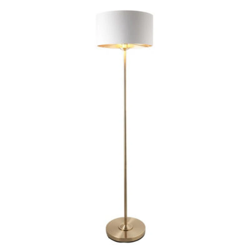 Image of Highclere Floor Lamp with Shade Antique Brass Plate, Vintage White Fabric, 1x E27