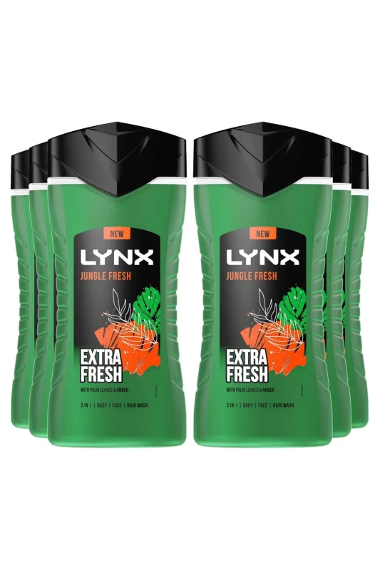 Image of Lynx 3in1 Body, Face & Hair Wash 'Shower Gel' 225ml 6 Pack Green male