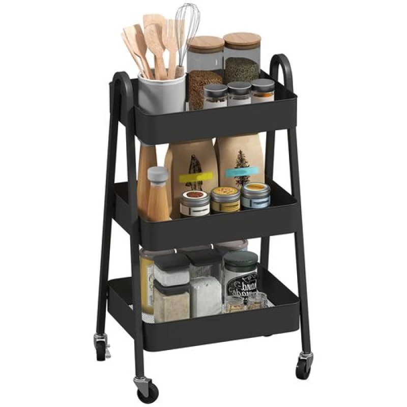 Image of HOMCOM HOMCOM 3-Tier Rolling Utility Cart Kitchen Storage Trolley on Wheels Black One Size Unisex 5063603634749