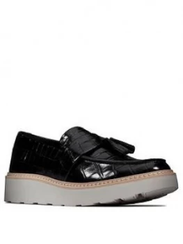 Image of Clarks Trace Tassel Leather Wedge Shoe - Black Croc