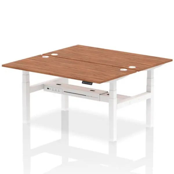 Image of Air Air Back-to-Back 1600 x 800mm Height Adjustable 2 Person Bench Desk Walnut Top with Cable Ports White Frame HASCP2P16800WNTW
