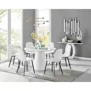 Image of Furniture Box Palma White High Gloss Round Dining Table and 6 White Corona Black Leg Chairs