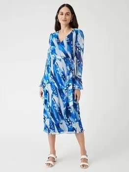 Image of Wallis Abstract Belted Wrap Midi Dress - Blue Size 10, Women