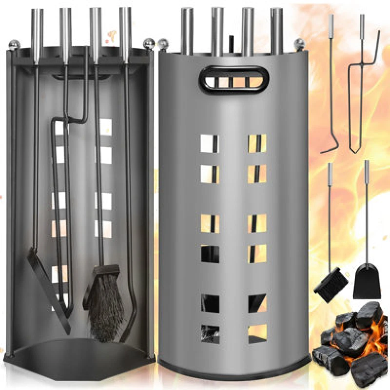 Image of Tectake Log Burner Accessories 5 Piece Set Of Poker, Tongs, Broom, Shovel And Holder - Grey
