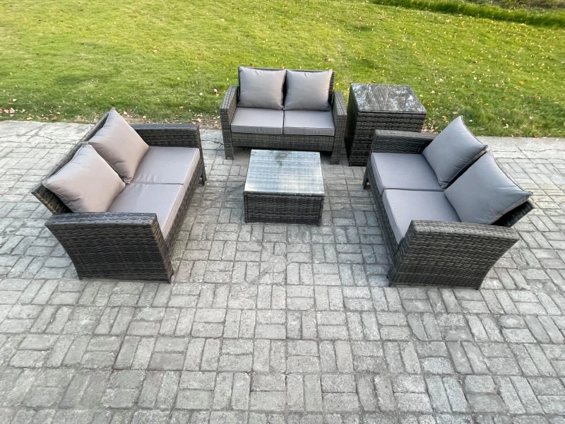 Image of Fimous 6 Seater Rattan Wicker Garden Furniture Patio Conservatory Sofa Set with Square Coffee Table Double Seat Sofa Side Table in Dark Grey Dark Grey
