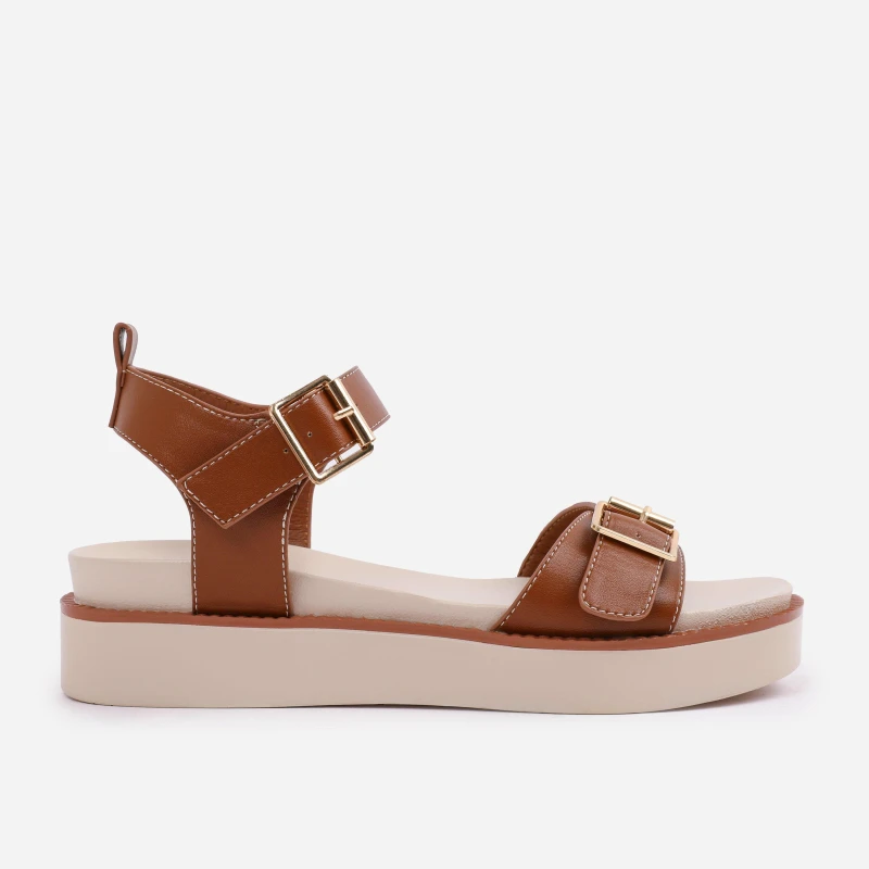 Image of Where's That From 'Kavia' Double Buckle Strap Platform Sandals Tan