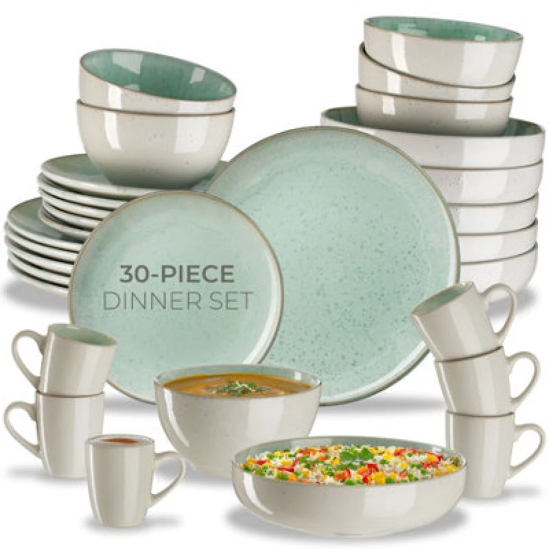 Image of Tectake 30 PC Dinner Set Mare In Glazed Stoneware For 6 People, Microwave- And Dishwasher-Safe - Mint