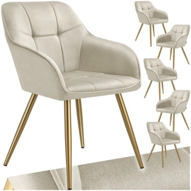Image of Tectake Set Of 6 Chair Marilyn - Quilted Velvet Look, Continuous Backrest, Golden Steel Legs - Cream/gold