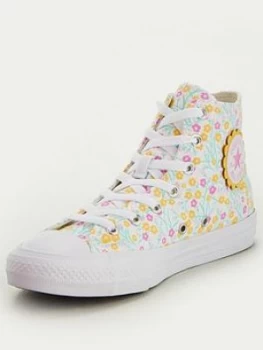 Image of Converse Chuck Taylor All Star Hi Floral Childrens Trainers - White/Gold, Size 13
