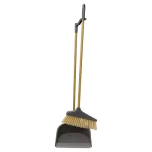 Image of JVL Bamboo Tall Dustpan And Brush Set - Brown