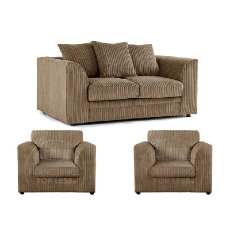 Image of Furnishings For Less UK Luxor Jumbo Cord 2 + 1 + 1 Fabric 3 Piece Sofa Suite - Scatter Back Coffee