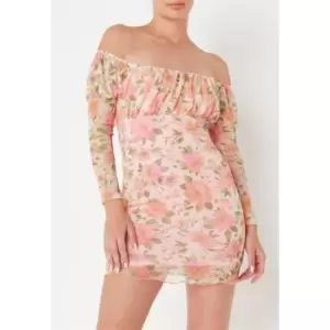 Image of Missguided Floral Print Mesh Ruched Long Sleeve Mini Dress - Multi